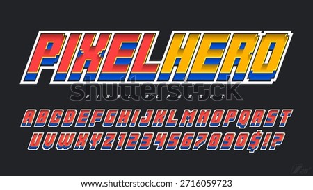 Pixel alphabet design. Retro video game style. High contrast and sharp, retro-futuristic. Easy swatch color control. 20 degree skew