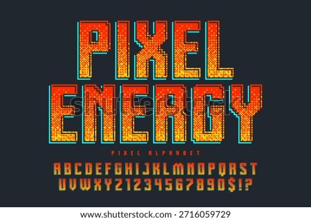 Pixel alphabet design. Retro video game style. High contrast and sharp, retro-futuristic. Easy swatch color control.