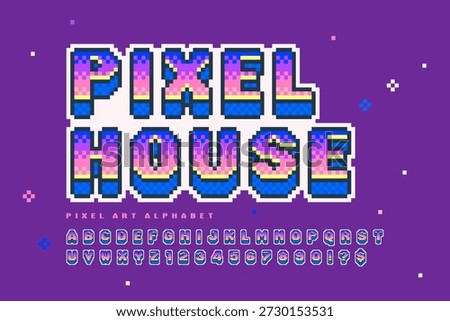 Pixel alphabet design. Retro video game style. High contrast and sharp, retro-futuristic. Easy swatch color control.