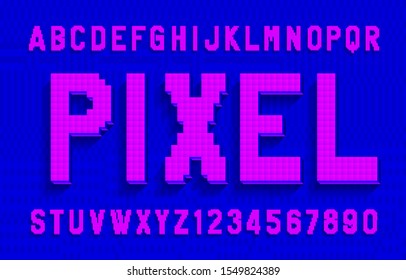 Pixel alphabet font. Digital 3d effect letters and numbers with shadow. Pixel background. 80s arcade video game typescript.