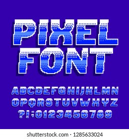 Pixel alphabet font. Digital gradient letters and numbers. Retro 80s arcade video game typescript.