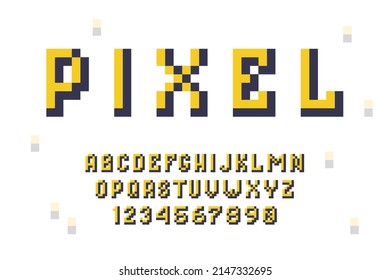 Pixel alphabet font. Retro 8-bit video game typeface design, oldschool typography letters numbers. Vector illustration