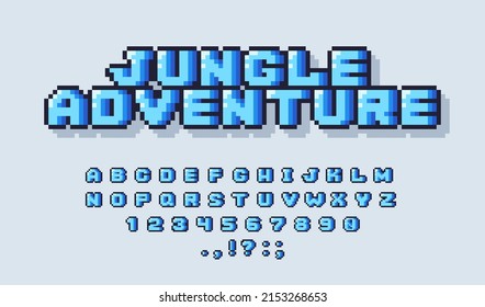 Pixel alphabet font. Retro 8-bit video game typeface design, blue oldschool typography logo letters. Vector illustration