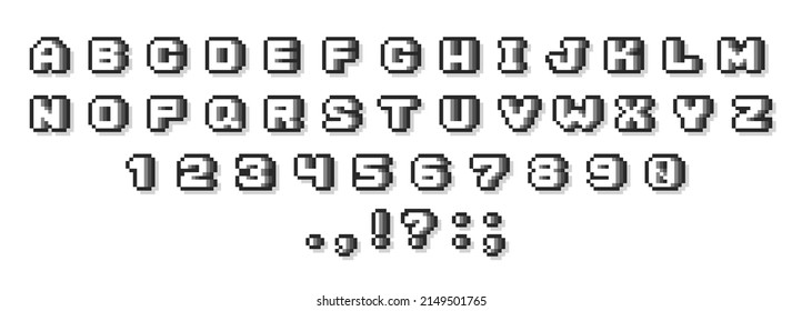 Pixel alphabet font. Retro video game 8-bit typeface design, oldschool typography logo letters. Vector illustration