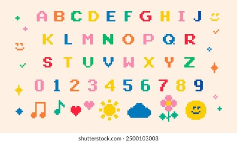 Pixel alphabet letters and number. Funny naive design elements. Childish font set in pixel art. Mood of 90's aesthetics. 8-bit retro style vector typeface for kids design, game, website, print, card