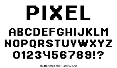 Pixel alphabet letters and numbers set in retro 8 bit style. Modern stylish fonts or typeface for headline or headline design like poster, layout design, game, website or print. Typography vector