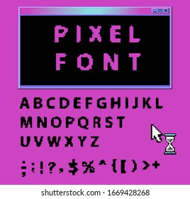 Pixel alphabet letters and punctuation marks. Modern stylish font or typeface for headline in style of 80's retro video game, vintage computer typography.