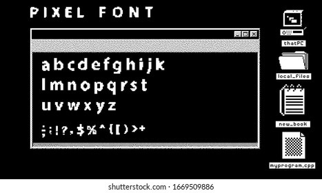 Pixel alphabet letters &  punctuation marks. Modern stylish font or typeface for headline in style of 80's retro video game, vintage computer typography.