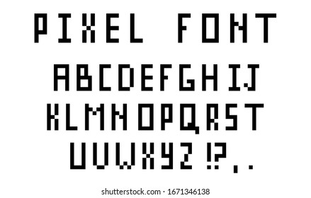 Pixel alphabet letters and punctuation marks. Modern stylish font or typeface for headline in style of 80's retro video game, vintage computer typography.