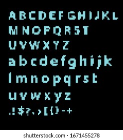 Pixel alphabet letters and punctuation marks. Modern stylish font or typeface for headline in style of 80's retro video game, vintage computer typography.