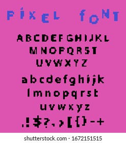 Pixel alphabet letters and punctuation marks. Modern stylish font or typeface for headline in style of 80's retro video game, vintage computer typography.
