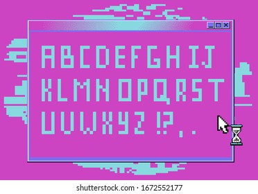 Pixel alphabet letters and punctuation marks. Modern stylish font or typeface for headline in style of 80's video game, vaporwave and retro aesthetics.