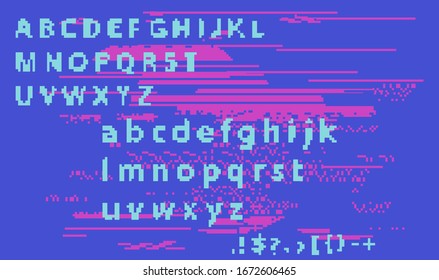 Pixel alphabet letters and punctuation marks. Modern stylish font or typeface for headline in style of 80's retro video game, vintage computer typography.