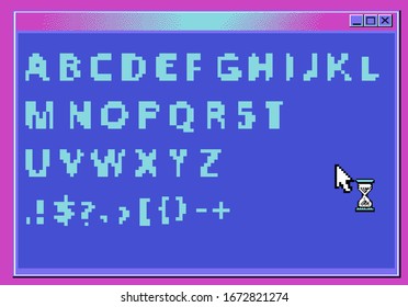 Pixel alphabet letters and punctuation marks. Modern stylish font or typeface for headline in style of 80's retro video game, vintage computer typography.