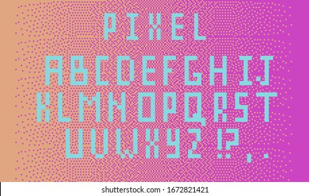 Pixel alphabet letters and punctuation marks. Modern stylish font or typeface for headline in style of 80's video game, vaporwave and retro aesthetics.