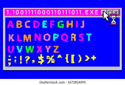 Alfabeto de píxeles y signos de puntuación. Fuente moderna o tipo de letra elegante para titulares en estilo de videojuego retro de los años 80, tipografía de computador vintage.