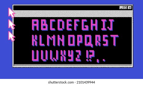 Pixel alphabet letters and punctuation marks. Retrofuturistic font or typeface for headline in style of 80's retro video game, vintage computer typography.