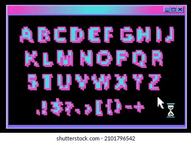 Pixel alphabet letters and punctuation marks. Retrofuturistic font or typeface for headline in style of 80's retro video game, vintage computer typography.