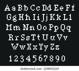 Pixel Alphabet Letters And Punctuation Marks. Modern Stylish Font Or Typeface For Headline In Style Of 80's Retro Video Game, Vintage Computer Typography. Eps 10