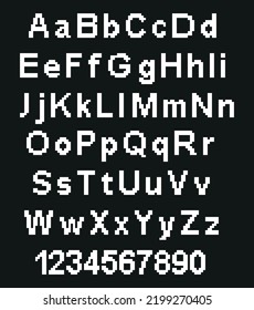 Pixel Alphabet Letters And Punctuation Marks. Modern Stylish Font Or Typeface For Headline In Style Of 80's Retro Video Game, Vintage Computer Typography. Eps 10