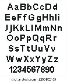 Pixel Alphabet Letters And Punctuation Marks. Modern Stylish Font Or Typeface For Headline In Style Of 80's Retro Video Game, Vintage Computer Typography. Eps 10