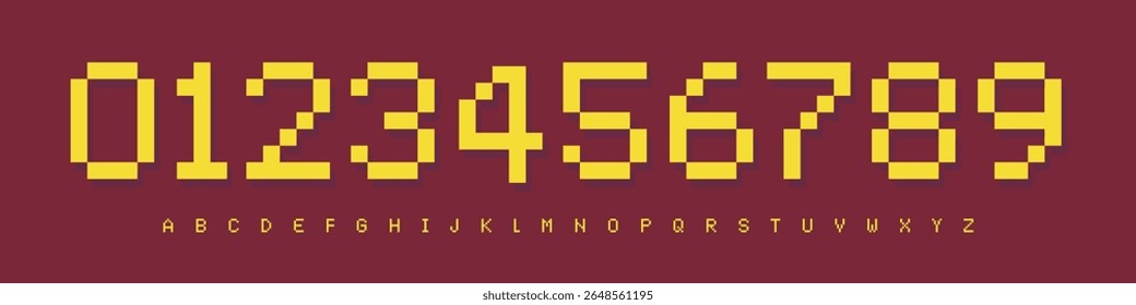 Fonte Pixel Alphabet Number em estilo retrô de 8 bits personagens de bloco para Arcade Games, Tech, Digital Scoreboard Timer. Tipo de Pixel Moderno. Ilustração de vetor