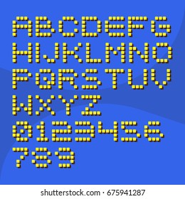 Pixel alphabet signs. Letters for type on banner, postcard, mobile application, video game, invitation, greeting card. 8-bit computer architecture.