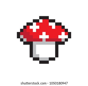 Pixel amanita illustration, colorful vector poster isolated on bright background, pixel mushroom with red cap, white square spots, abstract pattern