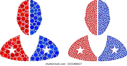 Pixel american man icon. Collage american man icon composed of circle items in various sizes and color tinges. Vector circle dots are composed into mosaic american man icon.