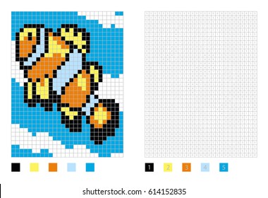 Pixel anemone clown fish cartoon in the coloring page with numbered squares, vector illustration