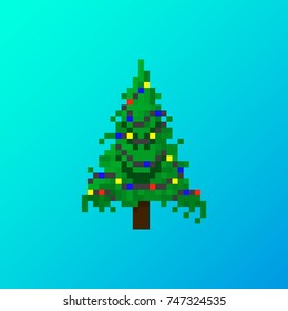 Pixel angry Christmas tree with garland for games and applications