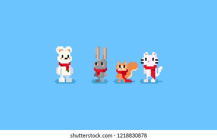 Pixel animal with red scarf.Christmas.8bit character.