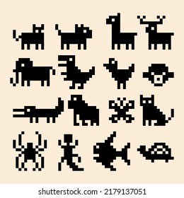 Pixel animals, cat, llama, deer, elephant, dinosaur, chicken, bear, crocodile, ape, butterfly, spider, lizard, fish, and turtle in pixel art