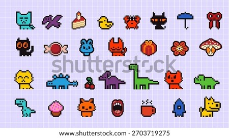 Pixel animals retro set. Cute 8-bit vector creatures with vintage game style. Adorable wildlife collection in nostalgic pixel art for digital design, stickers, icons, and prints.