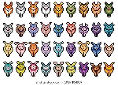 Pixel animals vector illustration flat design on white background. 
Imaginary animals are like dogs, foxes, rabbits, cows, buffaloes and deer.