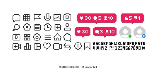 Conjunto de iconos de App de píxeles de redes sociales. Navegación de interfaz e íconos de App Video en estilo de juego retro de 8 bits. Conjunto de iconos de redes sociales de píxeles de me gusta, no me gusta y seguidores, comentar. Vector de píxeles perfecto