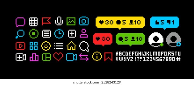 Conjunto de iconos de App de píxeles de redes sociales. Navegación de interfaz e íconos de App en estilo de juego retro de 8 bits. Coloridos iconos de redes sociales conjunto de me gusta, no me gusta y seguidores, comentar. Vector de píxeles perfecto