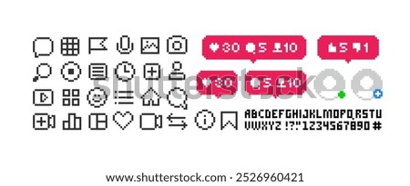 Pixel app icons set of social networks. Interface navigation and app icons in 8-bit retro video game style. Pixel social media icons set of likes, dislikes and followers, commet. Perfect pixel vector