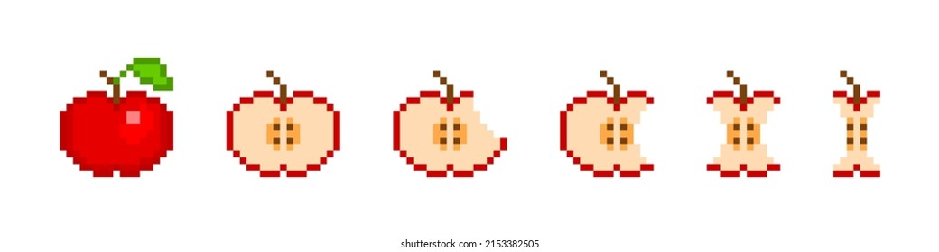 Pixel apple eating animation. Red 8bit fruit slowly disappears piece by piece and stalk remains. Stages of biting off parts and slices for vector game