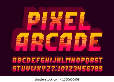 Pixel arcade alphabet font. 3D effect letters, numbers and symbols. 80s video game typeface.