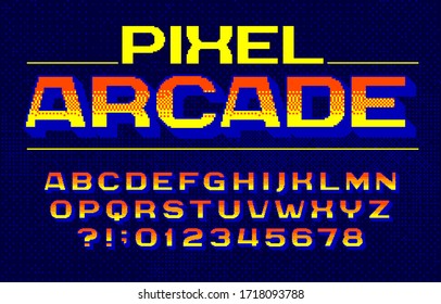 Pixel Arcade alphabet font. Digital gradient letters and numbers. Pixel background. 80s arcade video game typescript.