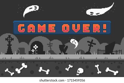 Pixel arcade banner with button "game over" for game design. Pixel art arcade screen with cemetery landscape background. Vector illustration.