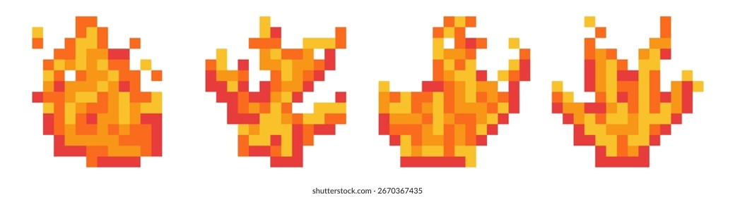 Pixel arcade juego fuego arte. 8bit llama animación con efecto de llamas. Video Fogata en llamas para cómic o insignia. Elemento de energía flameante con chispa roja. Conjunto de Vector de forma de potencia de calor y fuego