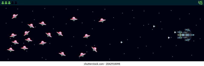 Pixel arcade space games panarama shooting background map vector graphic design illustration. 16 bit, 8 bit. Vector