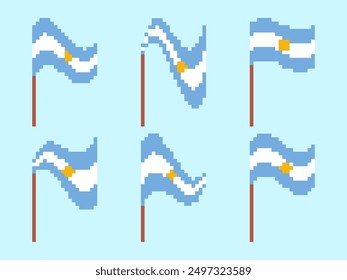 Pixel Argentina flag icon set isolated on white background. Waving Argentina flag in pixel art style. 8-bit retro graphics from the 80s. Design for banner, poster and covers. Vector illustration