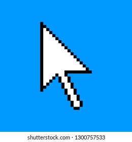 Pixel arrow cursor icon created in flat style. Pixeleted shape isolated in blue background. Sign for computer interface saved as a vector illustration in the EPS file format.