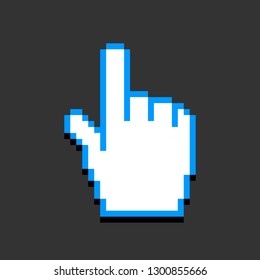 Pixel arrow hand cursor icon created in flat style. Pixeleted shape isolated in gray background. Sign for computer interface saved as a vector illustration in the EPS file format.