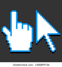 Pixel arrow and hand cursor icon created in flat style. Pixeleted shape isolated in gray background. Sign for computer interface saved as a vector illustration in the EPS file format.