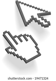 Pixel arrow and hand cursors point and click on shadows on white.