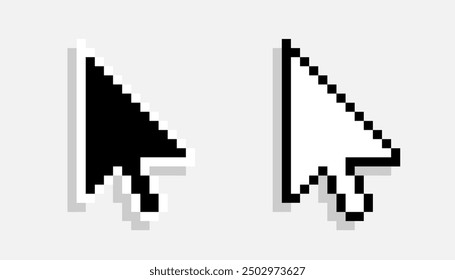 Pixel arrow mouse cursor black and white icon set. Clipart image isolated on white background